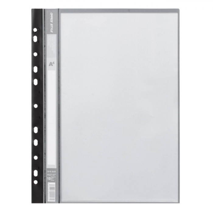 Dosar Plastic A4, 10 Folii Transparente, Margine Găurită, Copertă Neagră