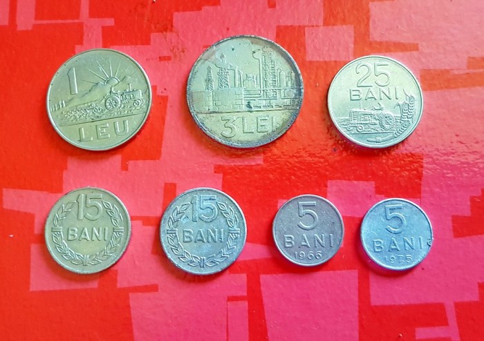 G480-Lot 7 Monede Romania socialista RSR. 3 Lei 1963+ 1 Leu 1966+ 5/15/25 bani 1966+ 15/5 bani 1975. Stare geenrala buna.
