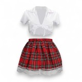Costum sexy școlăriță S-LINE BY SHOTS Schoolgirl Costume, pentru roleplay, cămașă cu fustă &icirc;n carouriu, mărime S/M, alb-roșu