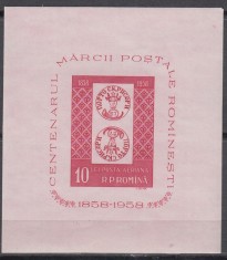ROMANIA 1958 LP 465 CENTENARUL MARCII POSTALE COLITA NEDANTELATA MNH foto