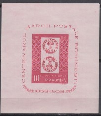 ROMANIA 1958 LP 465 CENTENARUL MARCII POSTALE COLITA NEDANTELATA MNH foto