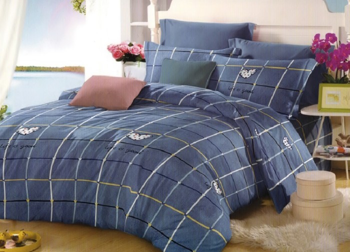 Lenjerie de pat pentru o persoana cu husa elastic pat si fata perna dreptunghiulara, Life is good, bumbac mercerizat, multicolor