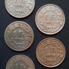 Lot monede argint 5 x 1 Franc 1901 - 1934 Elvetia - B 2155