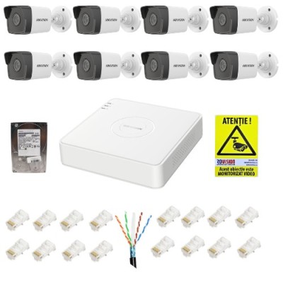 Kit supraveghere IP Hikvision 8 camere 2MP IR 30m PoE Lentila 2.8mm, NVR 8 canale 6MP PoE, accesorii montaj, HDD 2TB + Autocolant Rovision SafetyGuard foto