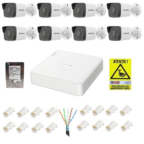 Kit supraveghere IP Hikvision 8 camere 2MP IR 30m PoE Lentila 2.8mm, NVR 8 canale 6MP PoE, accesorii montaj, HDD 2TB + Autocolant Rovision SafetyGuard