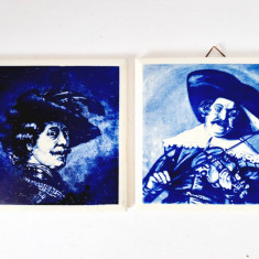 2 buc placa ceramica Delft reproducere Rembrant 11x11cm autoportret si violonist