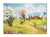 Cumpara ieftin Tablou peisaj de primavara pictat manual, la bunici, 70x50cm ulei pe panza, Constantin Feraru