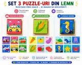 Cumpara ieftin Set 3 puzzle-uri educative din lemn cu 9 cuburi rotative, modele Vehicule si Masini, Animale Marine si Fructe Legume, 18 imagini, copii 4, 6 ani, 11 x