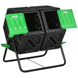 Outsunny Compostor de grădină bac pentru compost resturi rotativ 360&deg; dublă cameră 130 L oțel PP 67 x 60 x 77 cm negru | Aosom Romania