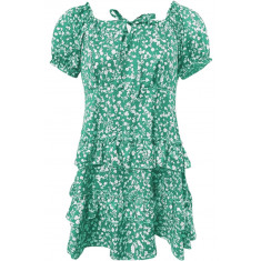 Rochie de vara pentru femei si domnisoare, scurta, talie elastica, fermoar lateral, maneca scurta, snur, culoare verde cu imprimeu floral, poliester,
