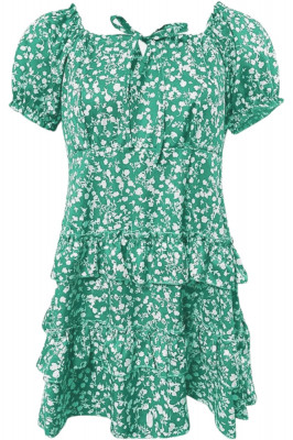 Rochie de vara pentru femei si domnisoare, scurta, talie elastica, fermoar lateral, maneca scurta, snur, culoare verde cu imprimeu floral, poliester, foto
