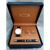 Cumpara ieftin Set Cadou Barbati: Ceas Matteo Ferari, Butoni Mecanism, Pix, Cutie Eleganta - Cadran Alb, Bratara Neagra, Auriu-Roze