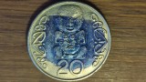 Noua Zeelanda - moneda demonetizata bancar cu vopsea albastra - 20 cents 1990 Pukaki - varianta mare ⌀28.58 mm