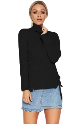 BL1001-1 Pulover tricotat, cu spect reiat, guler inalt si snur pe laterale foto