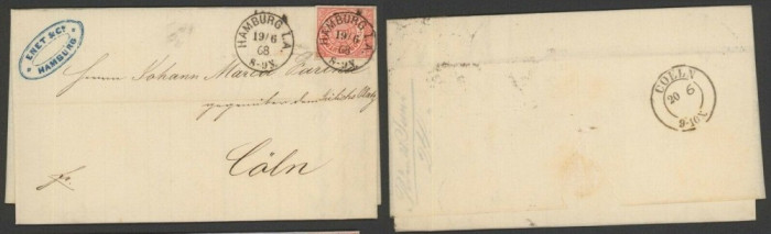 Germany North Conf 1868 Postal History Rare Cover+Content Hamburg to Koln DB.543