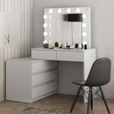 Masa de toaleta si machiaj colt Carla cu oglinda 12 LED si comoda 5 sertare, montaj stanga/dreapta, alb Household NewTrend