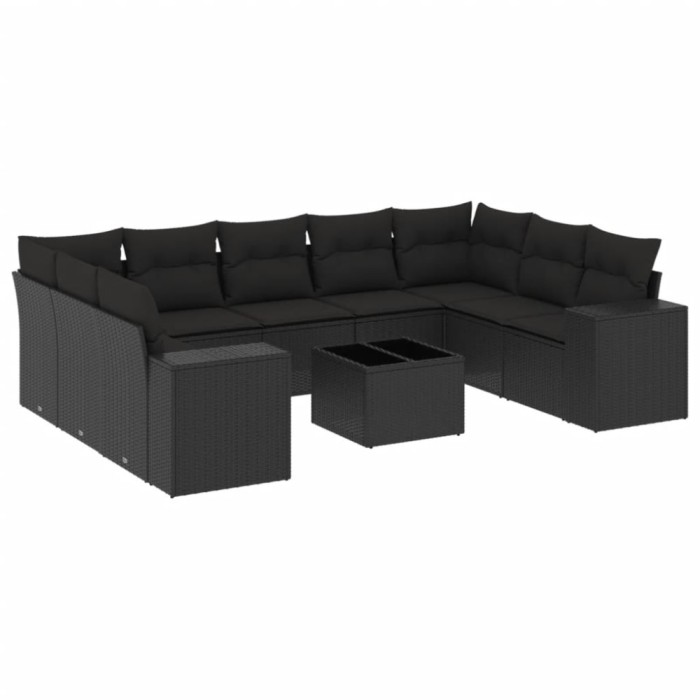Set canapele de gradina cu perne, 10 piese, negru, poliratan
