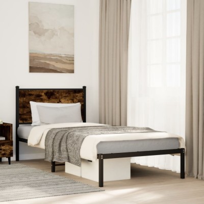 vidaXL Cadru pat metalic fără saltea, stejar fumuriu, 75x190 cm 4007657 foto