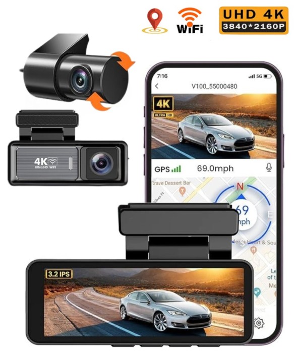 Camera de bord DVR QOVU&reg; S5, Dubla 4K Fata 2K Interior/Spate, Ecran 3.2&quot;, GPS &amp; WiFi, Vedere ultra larga 170&deg; &amp; 140&deg;, Senzor coliziune &amp; Senzor vedere