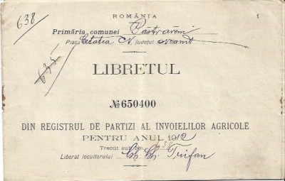 Libretul invoielilor agricole jud. Neamt 1912 foto