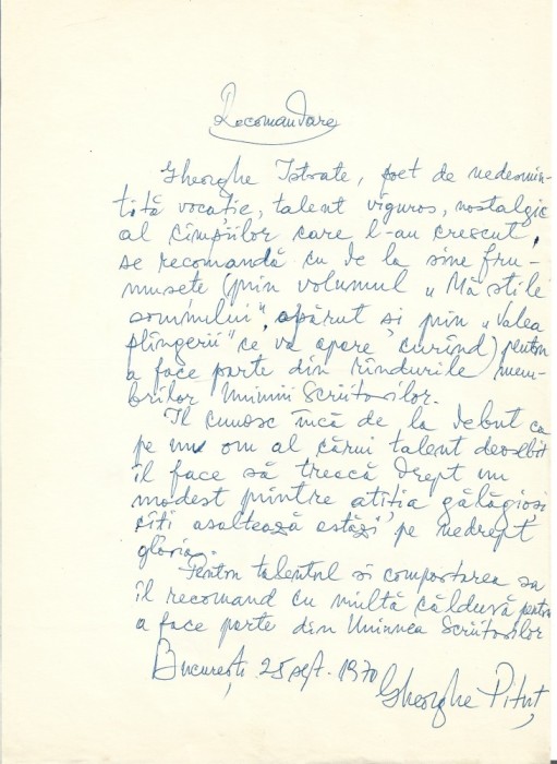 A3528N Gheorghe Pituț, act scris și semnat olograf, 1970