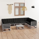 Cumpara ieftin Set șezlonguri grădină cu perne, 10 piese, gri, lemn masiv pin
