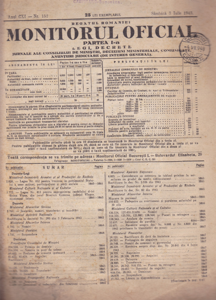 MONITORUL OFICIAL - PARTEA I a LEGI DECRETE, 1943, Nr.152 | Okazii.ro