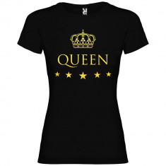 Tricou dama Queen, 100% Bumbac, negru/auriu foto