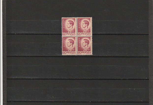 RO - 1945 LP 188 MIHAI I VAL 20 LEI BLOC DE 4 TIMBRE EROARE DANTELATURA DR. MNH