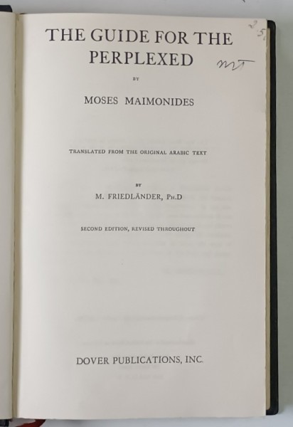 THE GUIDE FOR THE PERPLEXED by MOSES MAIMONIDES , 1956