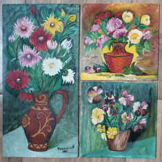 Lot 3 picturi cu flori in ulei pe placaj 24x25cm si 25x50cm