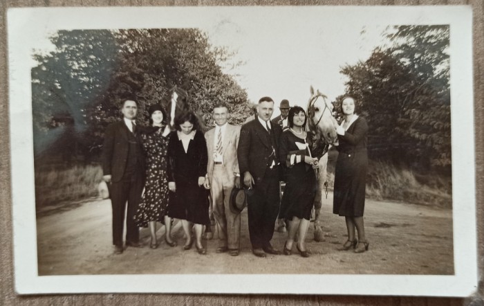 Fotografie de grup cu cai, Romania interbelica
