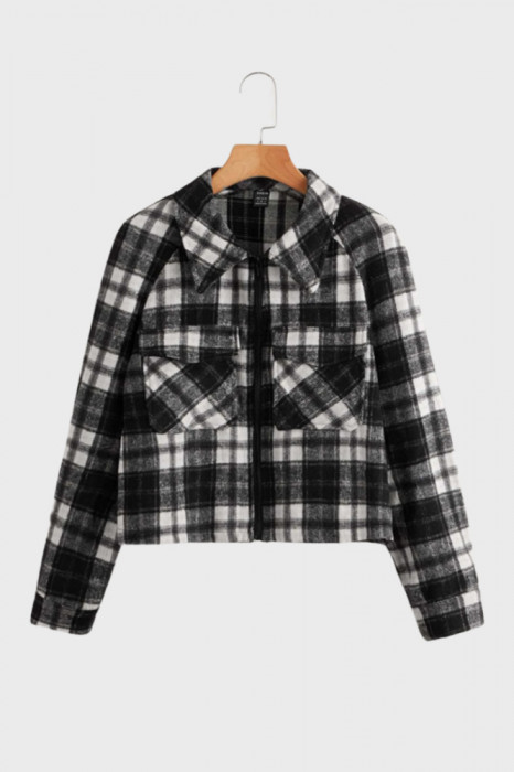 Jacheta de toamna de dama crop, cu imprimeu tartan stil plaid, inchidere cu fermoar si buzunare, alb-negru, M