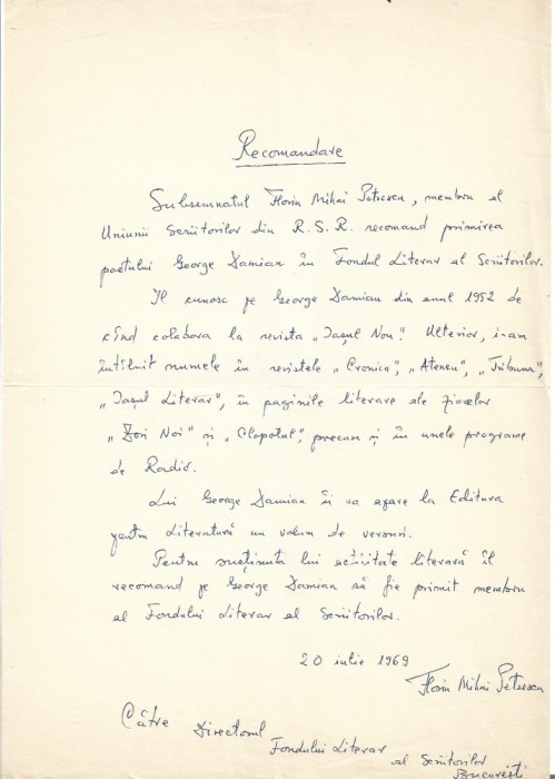 A3266N Document scris și semnat olograf de Florin Mihai Petrescu, 1969.
