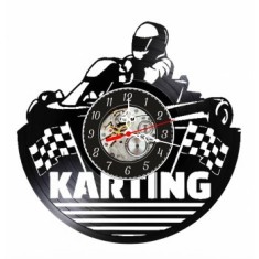Ceas de perete decorativ realizat din disc de vinil, Model Pilot Go-Kart si Steaguri de Finis, Text Karting, Negru, 30 cm