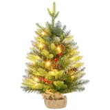 HOMCOM Mini Brad de Crăciun 60 cm cu lumini LED, 141 ramuri, conuri de pin, bobițe roșii, bază din ciment, verde | Aosom Romania