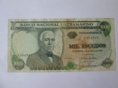 Mozambic 1000 Escudos 1972 fara supratipar,mult mai rara decat cea tiparita cu Banco de Mocambique! foto