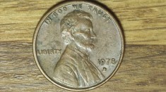 SUA / USA - moneda de colectie - 1 cent 1978 cu semn monetar D (Denver) - Abraham Lincoln - serie mai rara din bronz !