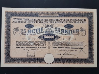 Actiune 1924 Alba Iulia , Fabrica de tigle Santimbru , titlu 25 actiuni , actie foto