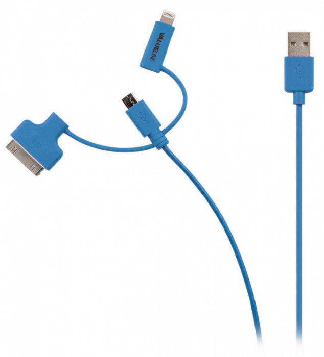 Cablu alimentare si sincronizare albastru USB 2.0 - micro USB +adaptor lightning +Apple Dock 30pini 1m cupru Valueline