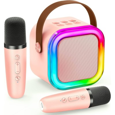 Set 2 Microfoane Karaoke cu Boxa, Wireless, Bluetooth, LED RGB, Sunet 3D, 5 Efecte, MicroSD, AUX, Portabil, USB-C, Roz foto
