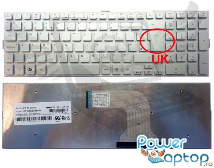 Tastatura Acer Ethos 5943G layout UK fara rama enter mare, Ethos 8943 layout UK fara rama enter mare, Ethos