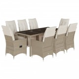 Cumpara ieftin Set bistro de gradina, 9 piese, cu perne, bej, poliratan