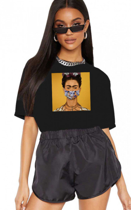 Tricou dama negru - Frida in Pandemie - L