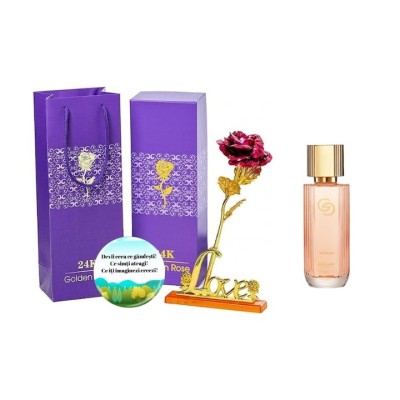 Set complet pentru Ea, parfum de femei Giordani Gold Woman, insotit de insigna Dactylion cu mesaj motivational, cadou un trandafir rosu suflat la baza foto