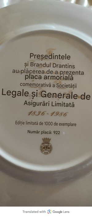 portelan englezesc editie limitata 1.000 exemplare nr. Placa 922 diametrul - 27 cm