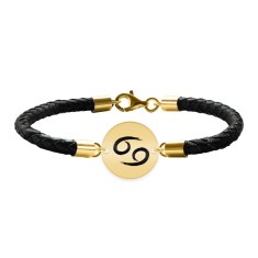 Bratara Premium din piele impletita si banut argint 925 placat cu aur galben 24K personalizat cu zodiac - Rac