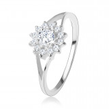 Inel de logodnă din argint, floare zirconiu transparent, braţe bifurcate - Marime inel: 50