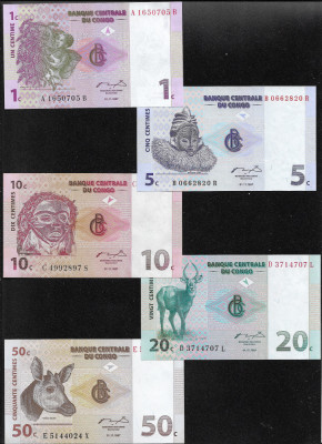 Set Congo 1 + 5 + 10 + 20 + 50 centimes unc 1997 foto
