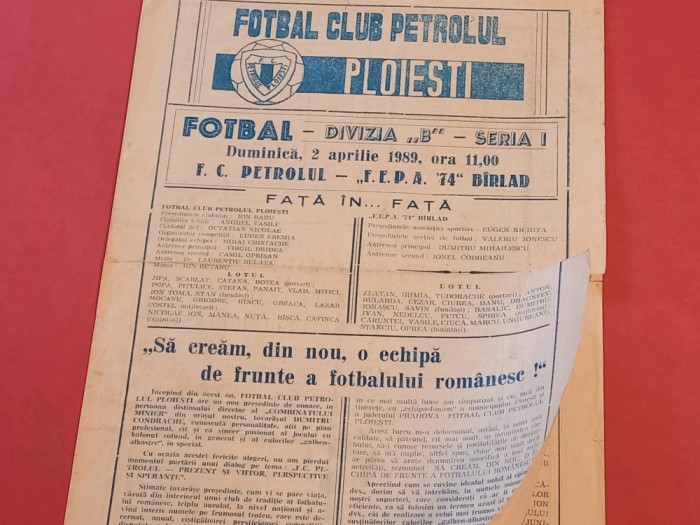 Program meci fotbal PETROLUL PLOIESTI-&quot;FEPA`74&quot; BARLAD (02.04.1989)